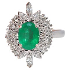 Vintage Circa 1990s 18k Gold Natural Diamond And Oval Cut Emerald Decorated Rin