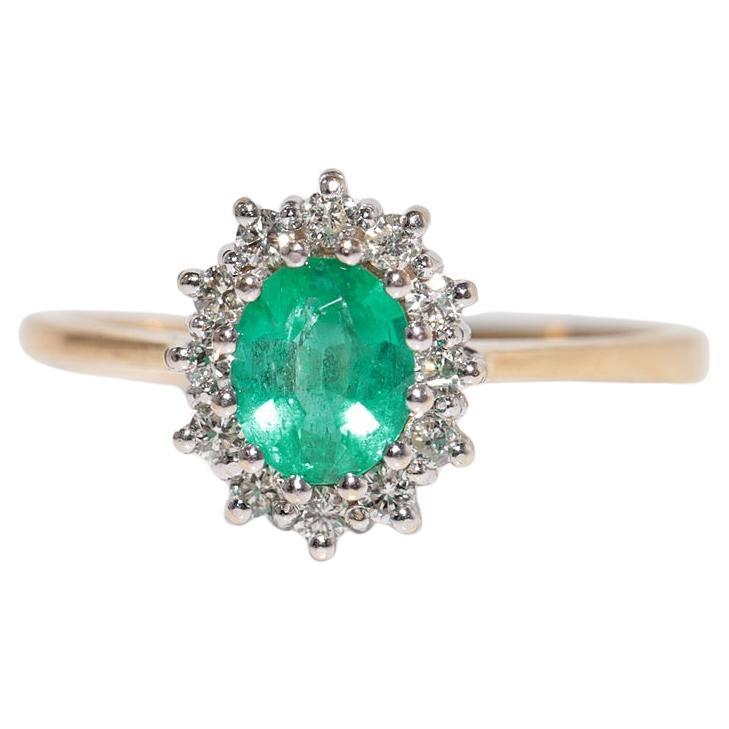 Anello d'oro 18k con diamante naturale e smeraldo taglio ovale, vintage CIRCA gli anni '90