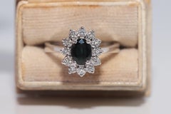 Vintage Circa 1990s 18k Gold Natural Diamond And Oval Cut Sapphire Ring