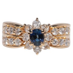 Bague vintage des années 1990, en or 18 carats, diamant naturel et saphir taille ovale