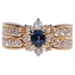 Vintage Circa 1990s 18k Gold Natural Diamond And Oval Cut Sapphire Ring