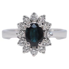Vintage Circa 1990s 18k Gold Natural Diamond And Oval Cut Sapphire Ring