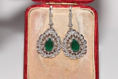 Vintage Circa 1990s 18k Gold Natural Diamond And Pear Cut Emerald Earring