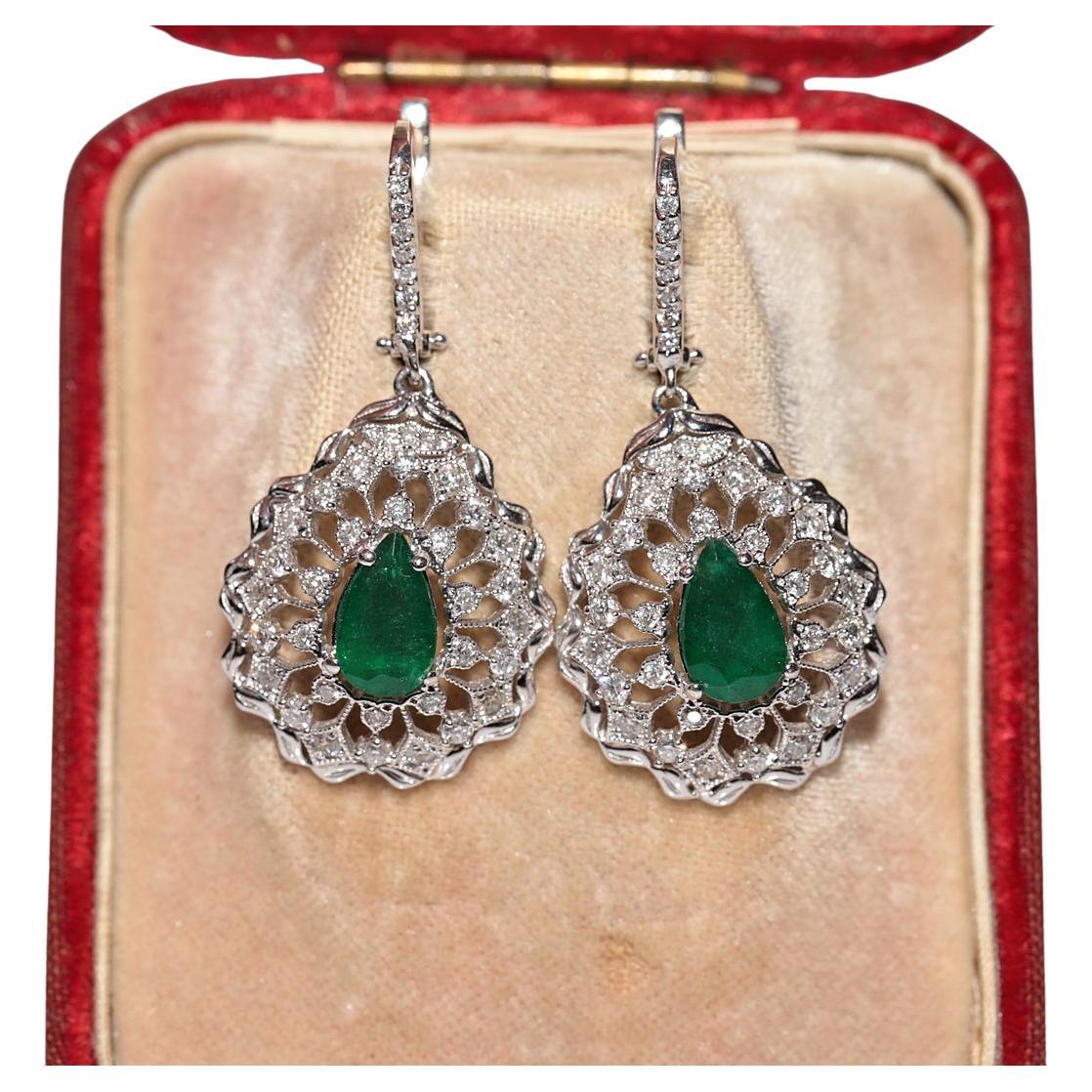 Vintage Circa 1990s 18k Gold Natural Diamond And Pear Cut Emerald Earring