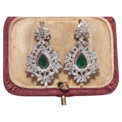 Vintage Circa 1990s 18k Gold Natural Diamond And Pear Cut Emerald Earring