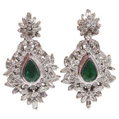 Vintage Circa 1990s 18k Gold Natural Diamond And Pear Cut Emerald Earring