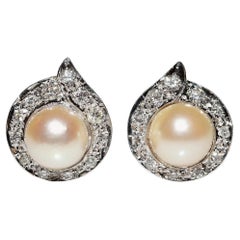 Vintage Circa 1990 Boucles d'oreilles en or 18k ornées de diamants naturels et de perles