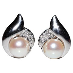 Vintage Circa 1990 Boucles d'oreilles en or 18k ornées de diamants naturels et de perles 