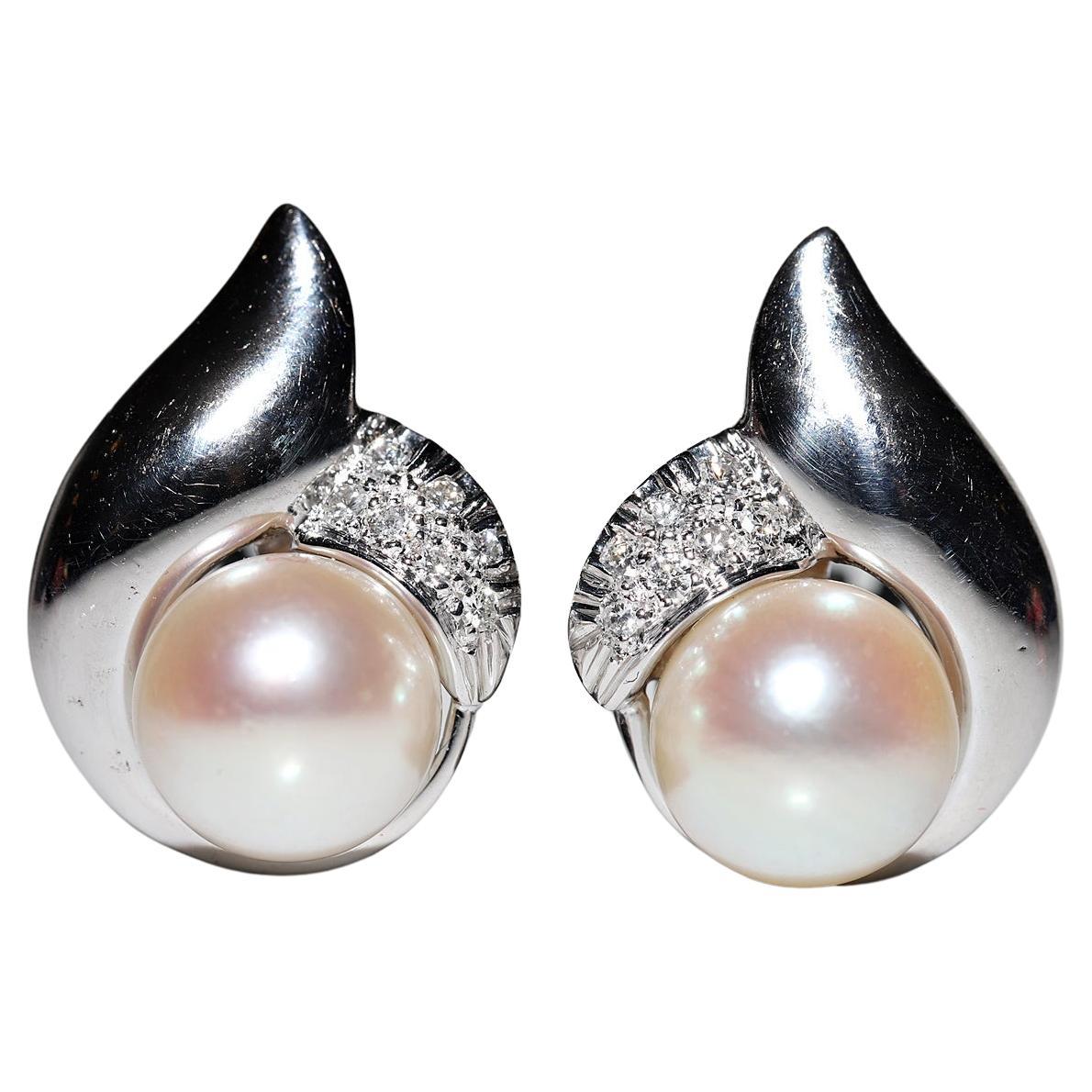 Vintage Circa 1990s 18k Gold Natural Diamond And Pearl Decorated Earring