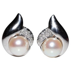 Vintage Circa 1990s 18k Gold Natural Diamond And Pearl Decorated Earring