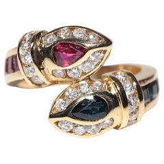 Vintage Circa 1990s 18k Gold Natural Diamond And Ruby And Sapphire Snake Ring
