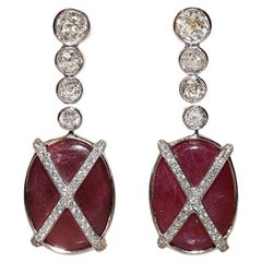 Vintage Circa 1990s 18k Gold Natural Diamond And Ruby Decorated Drop Earring