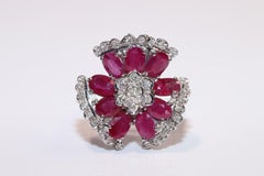 Vintage Circa 1990s 18k Gold Natural Diamond And Ruby Decorated Flowers Ring