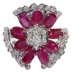 Vintage Circa 1990s 18k Gold Natural Diamond And Ruby Decorated Flowers Ring
