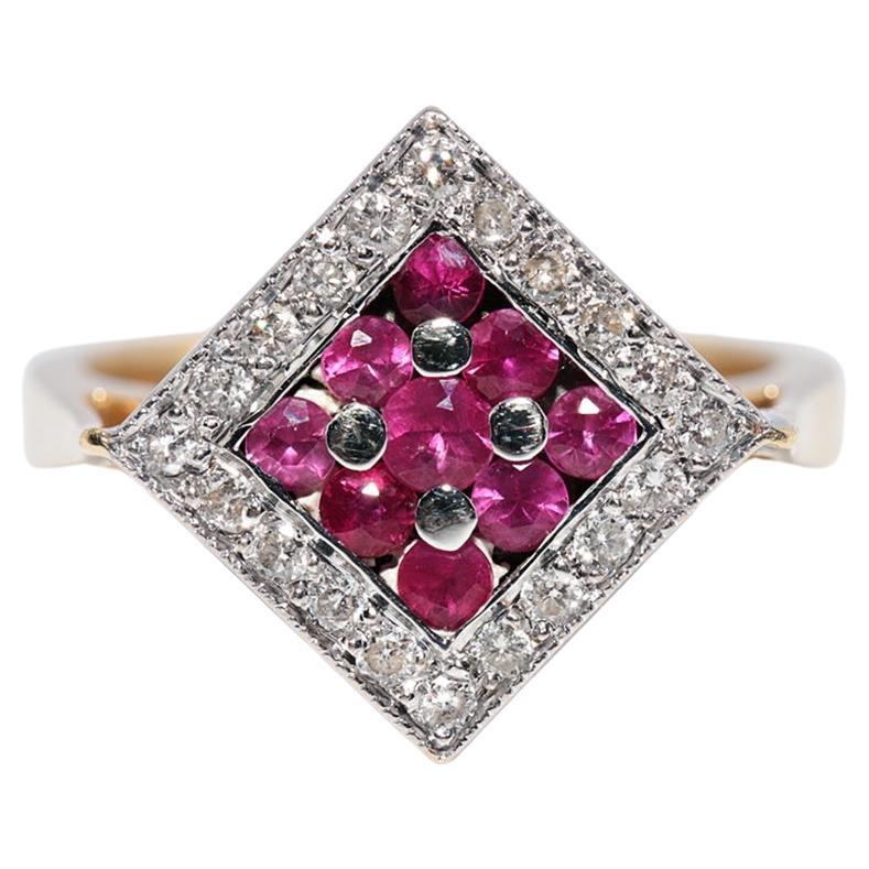 Vintage Circa 1990s 18k Gold Natural Diamond And Ruby Decorated Navette Ring