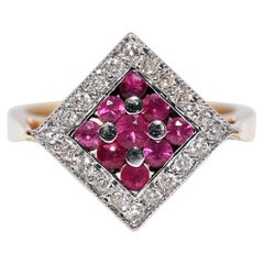 Vintage Circa 1990s 18k Gold Natural Diamond And Ruby Decorated Navette Ring