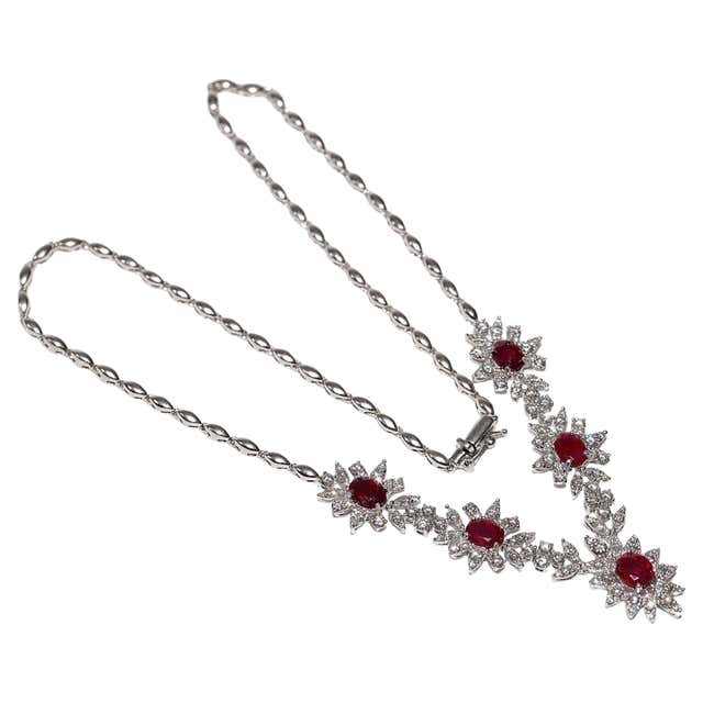Vintage 18K Gold Ruby Diamonds Necklace For Sale at 1stDibs