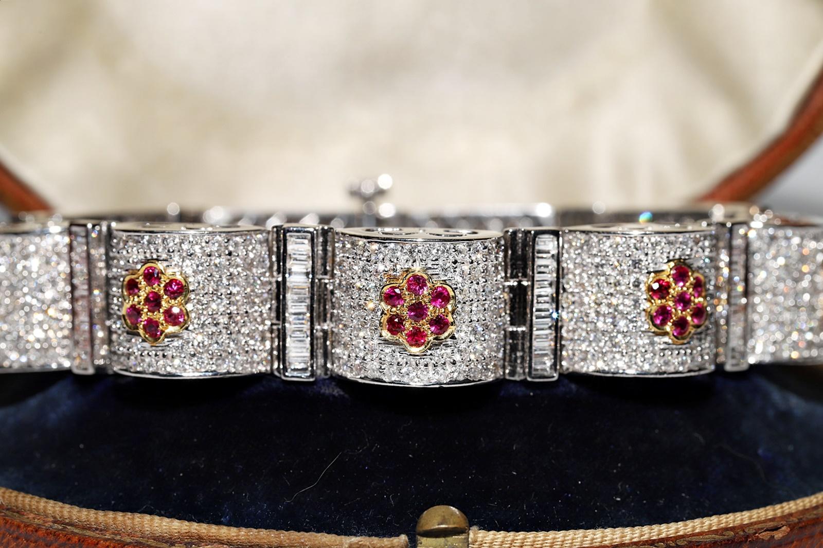 Retro Vintage Circa 1990s 18k Gold Natural Diamond And Ruby Decorated Strong Bracelet  For Sale