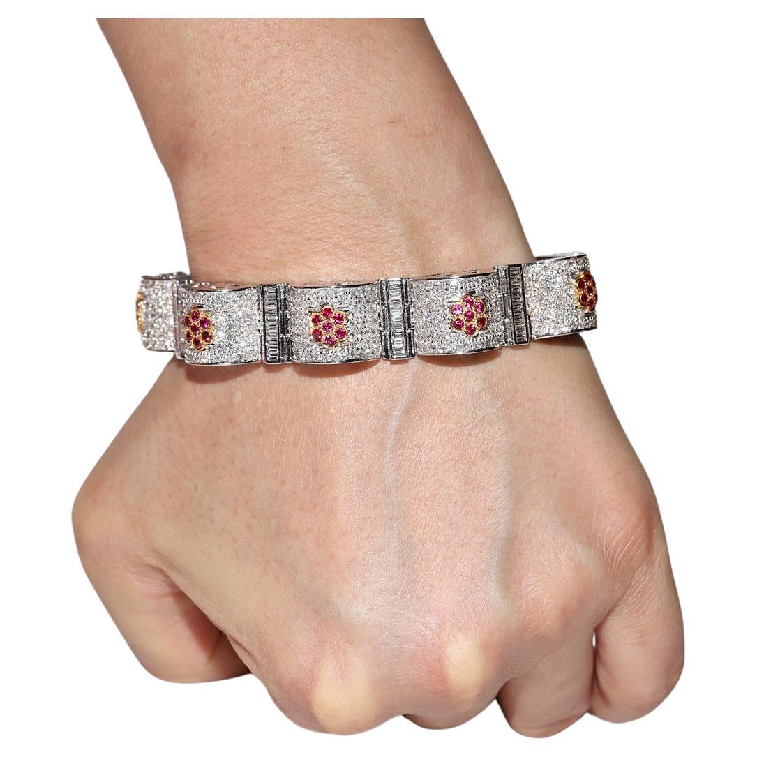 Vintage Circa 1990s 18k Gold Natural Diamond And Ruby Decorated Strong Bracelet  For Sale