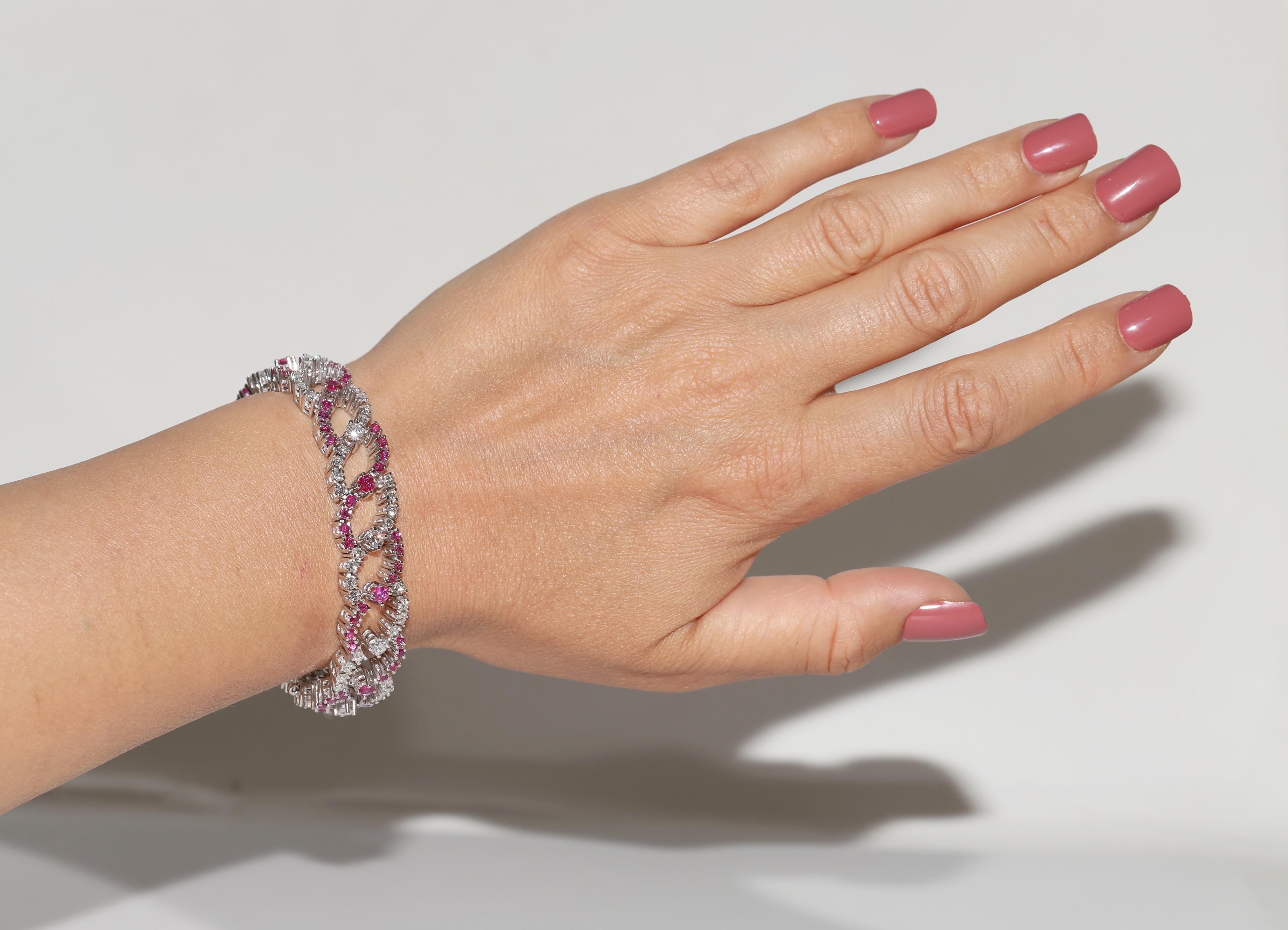 Retro Vintage Circa 1990s 18k Gold Natural Diamond And Ruby Decorated Tennis Bracelet For Sale