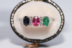 Vintage Circa 1990s 18k Gold Natural Diamond And Ruby Sapphire Emerald Ring
