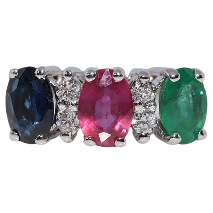 Vintage Circa 1990s 18k Gold Natural Diamond And Ruby Sapphire Emerald Ring