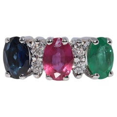 Vintage Circa 1990s 18k Gold Natural Diamond And Ruby Sapphire Emerald Ring