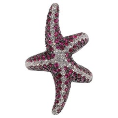 Vintage Circa 1990s 18k Gold Natural Diamond And Ruby Starfish Design Ring