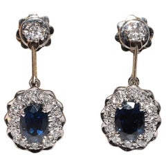 Vintage Circa 1990s 18k Gold Natural Diamond And Sapphire Drop Earring 
