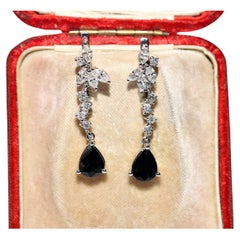 Vintage Circa 1990s 18k Gold Natural Diamond And Sapphire Drop Earring