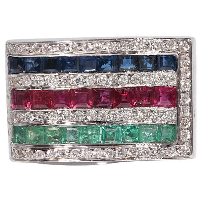 Vintage CIRCA 1990er 18k Gold Natürlicher Diamant und Saphir Smaragd Rubin Ring im Angebot