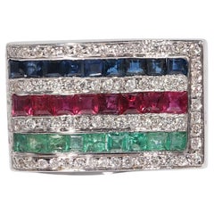 Vintage CIRCA 1990er 18k Gold Natürlicher Diamant und Saphir Smaragd Rubin Ring
