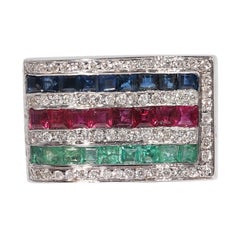 Vintage Circa 1990s 18k Gold Natural Diamond And Sapphire Emerald Ruby Ring