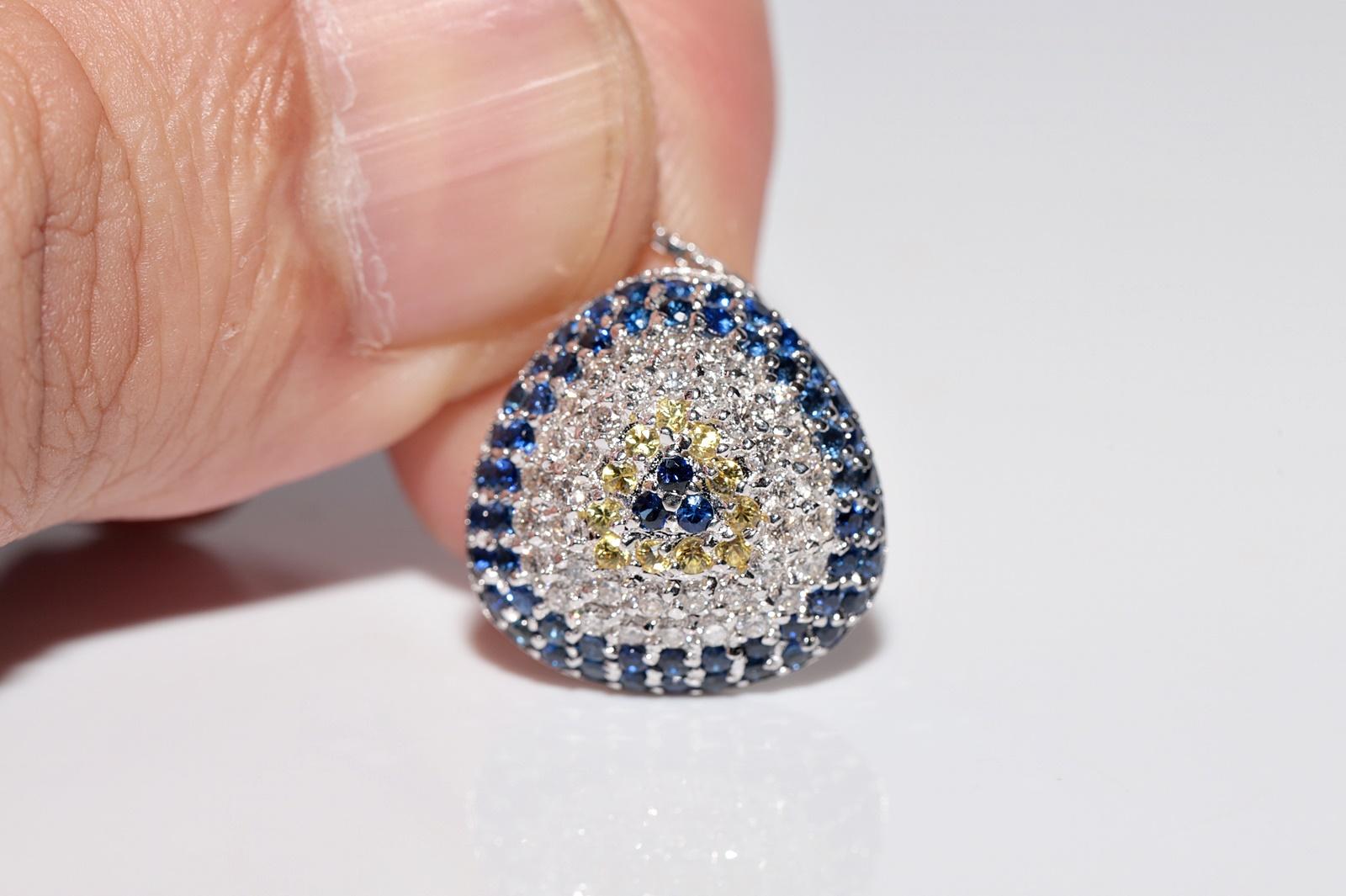 Vintage Circa 1990s 18k Gold Natural Diamond And Sapphire Evil Eye Necklace For Sale 7