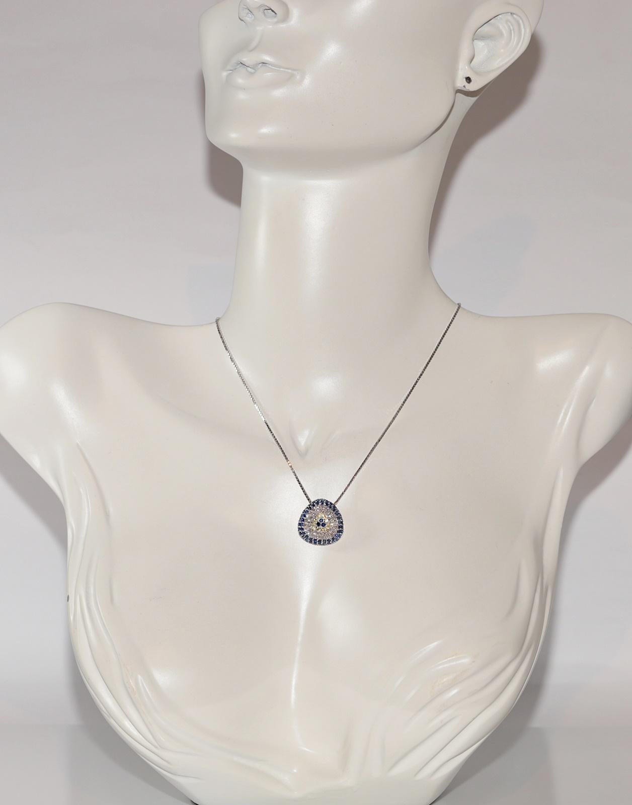 In very good condition.
Total weight is 8.7 grams.
Totally is diamond 0.85 ct.
The diamond is has G-H color and vvs-vs clarity.
Totally is sapphire 1.45 ct.
Total lenght is chain 45 cm.
Please contact for any questions.