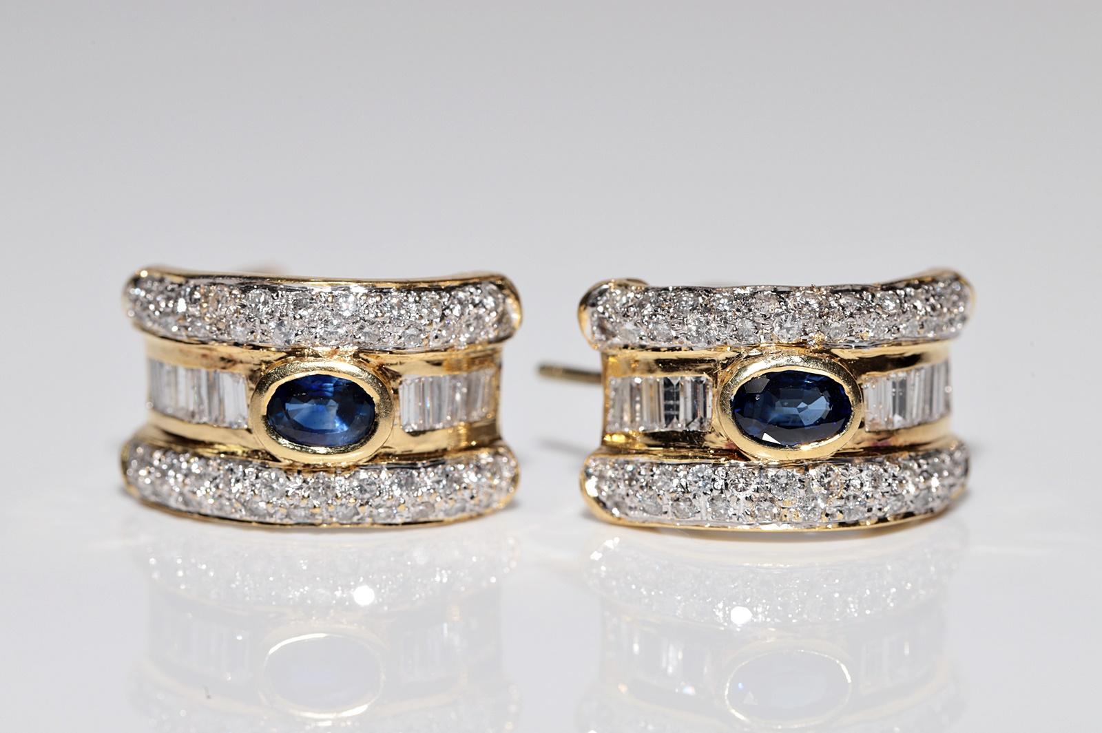 Vintage Circa 1990s 18k Gold Natural Diamond And Sapphire Omega Back Earring For Sale 4