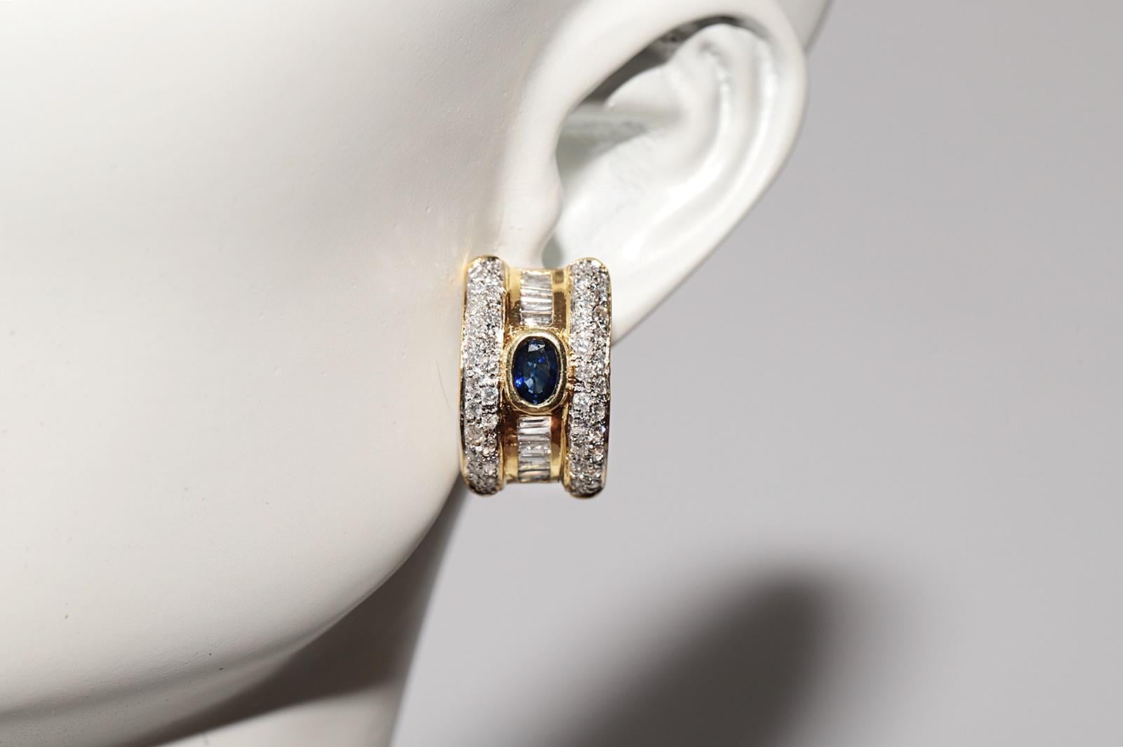 Vintage Circa 1990s 18k Gold Natural Diamond And Sapphire Omega Back Earring For Sale 9