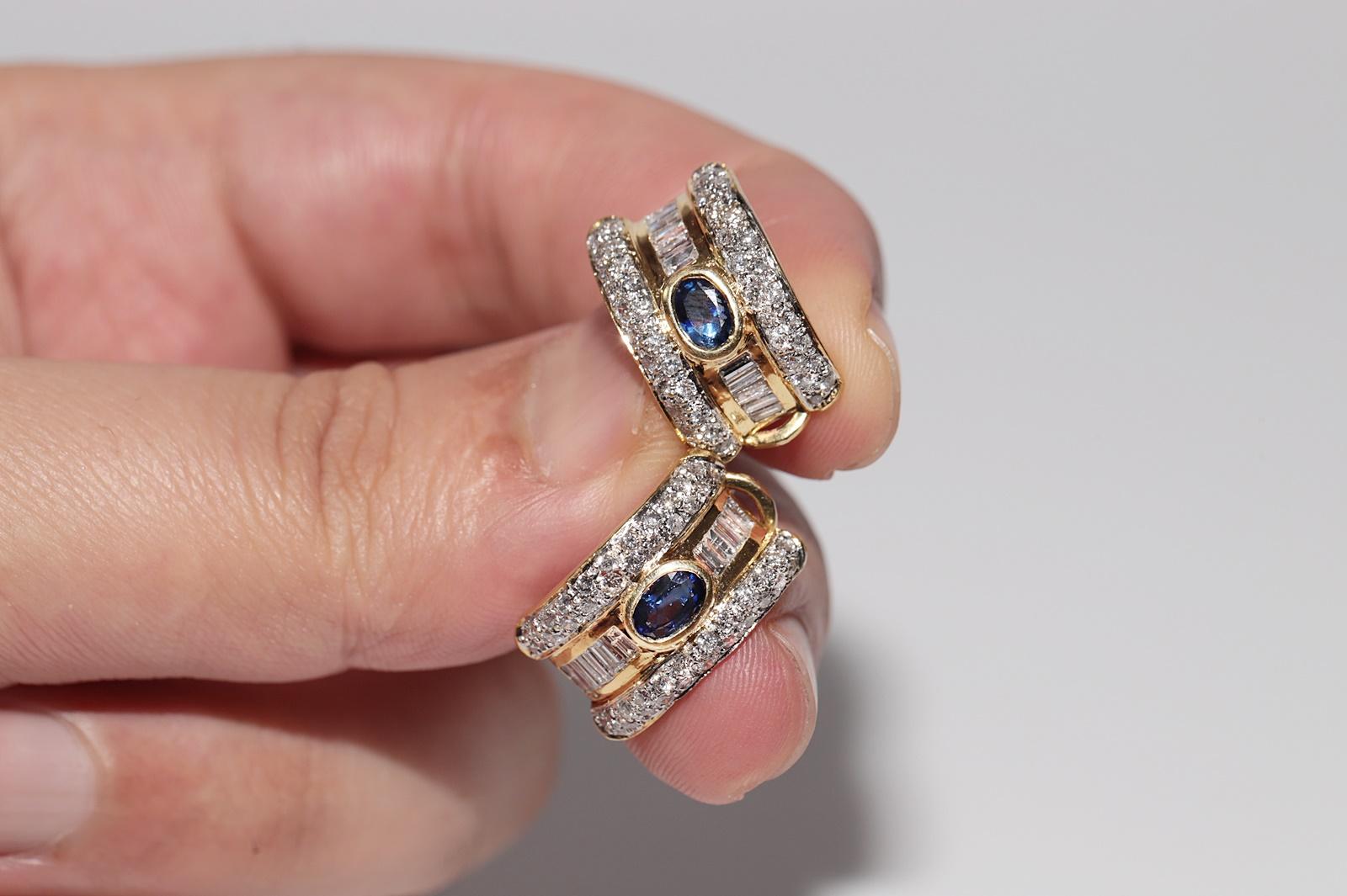 Vintage Circa 1990s 18k Gold Natural Diamond And Sapphire Omega Back Earring For Sale 10