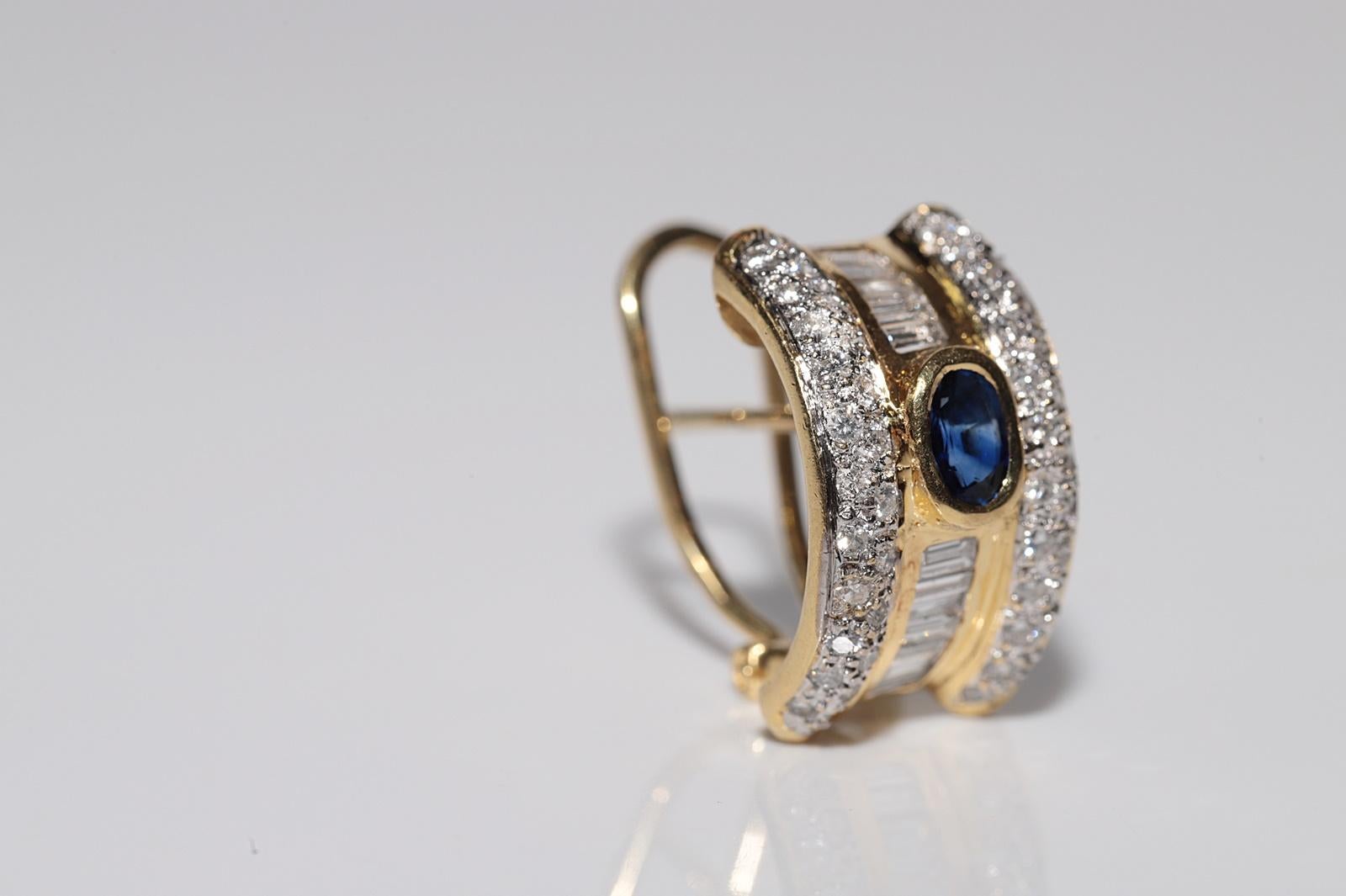 Vintage Circa 1990s 18k Gold Natural Diamond And Sapphire Omega Back Earring For Sale 11