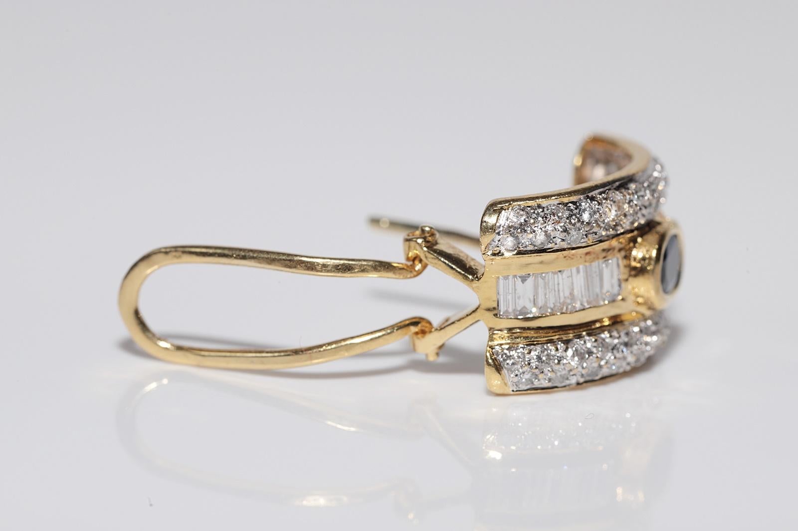 Vintage Circa 1990s 18k Gold Natural Diamond And Sapphire Omega Back Earring For Sale 1