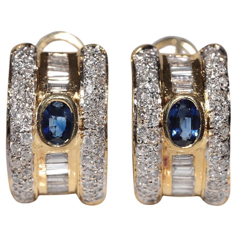 Vintage Circa 1990s 18k Gold Natural Diamond And Sapphire Omega Back Earring