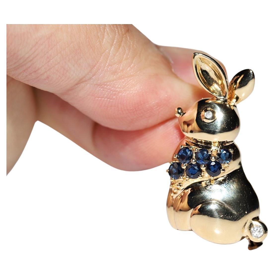 Vintage Circa 1990s 18k Gold Natural Diamond And Sapphire  Rabbit Brooch For Sale