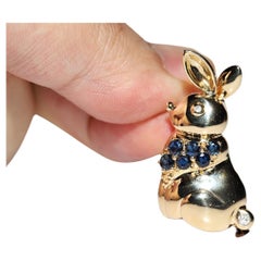 Vintage Circa 1990s 18k Gold Natural Diamond And Sapphire  Rabbit Brooch