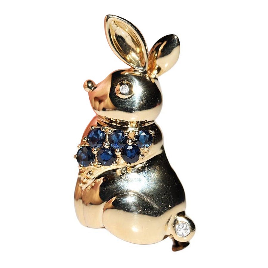 Vintage Circa 1990s 18k Gold Natural Diamond And Sapphire  Rabbit Brooch For Sale