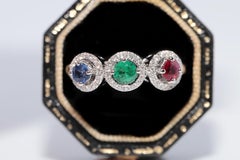 Vintage Circa 1990s 18k Gold Natural Diamond And Sapphire Ruby And Emerald Ring