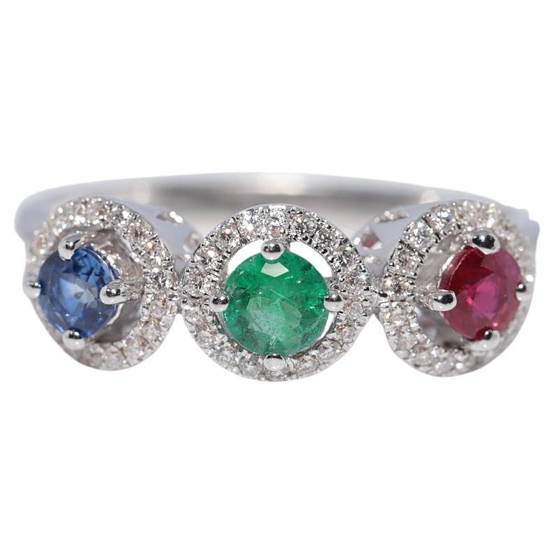 Vintage CIRCA 1990s 18k Gold Natürlicher Diamant und Saphir Rubin und Smaragd Ring