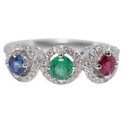 Vintage CIRCA 1990s 18k Gold Natürlicher Diamant und Saphir Rubin und Smaragd Ring