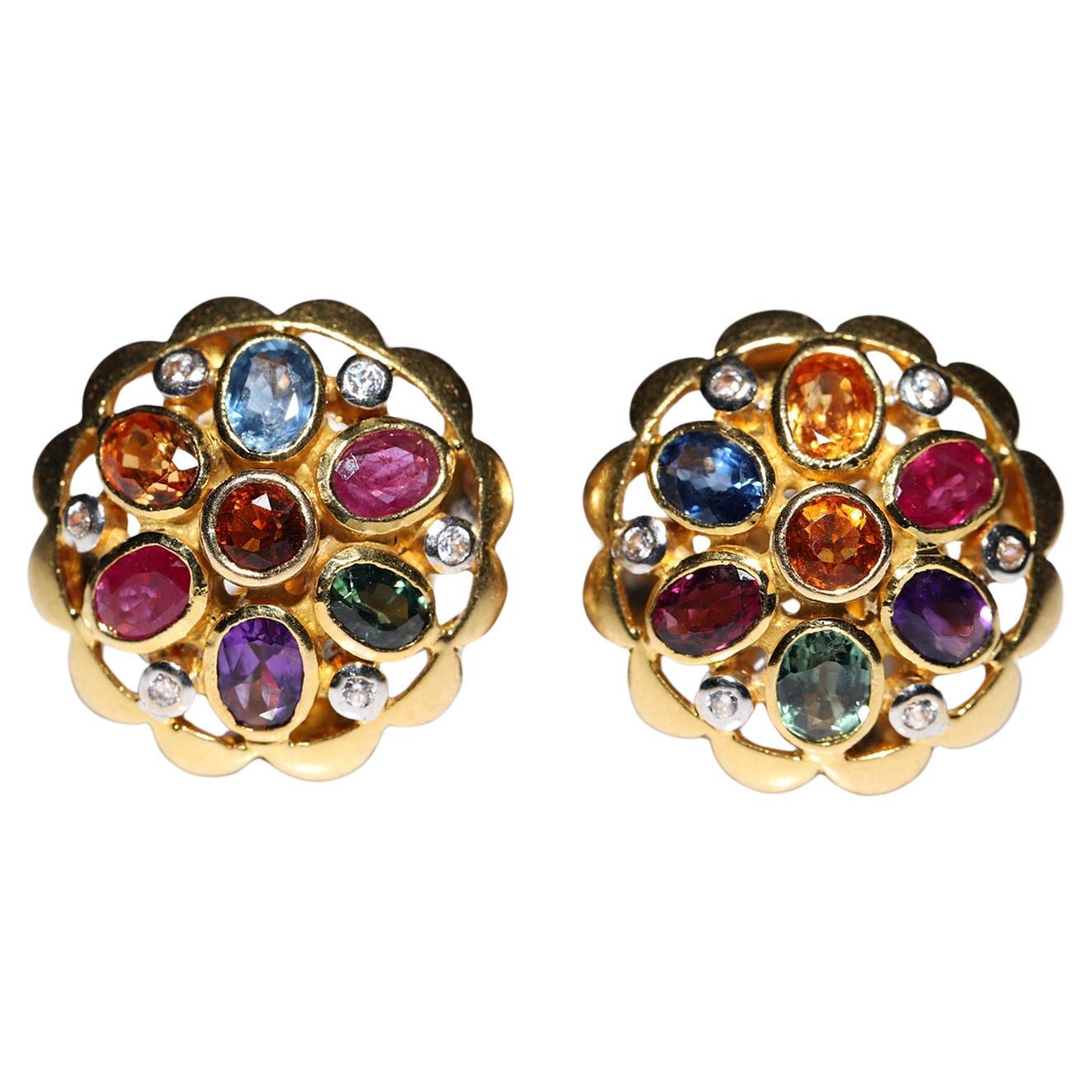 Vintage Circa 1990s 18k Gold Natural Diamond And Sapphire Ruby Citrine Earring  For Sale