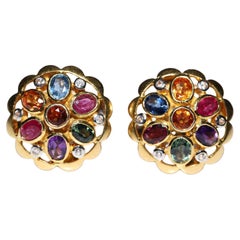 Vintage Circa 1990s 18k Gold Natural Diamond And Sapphire Ruby Citrine Earring 