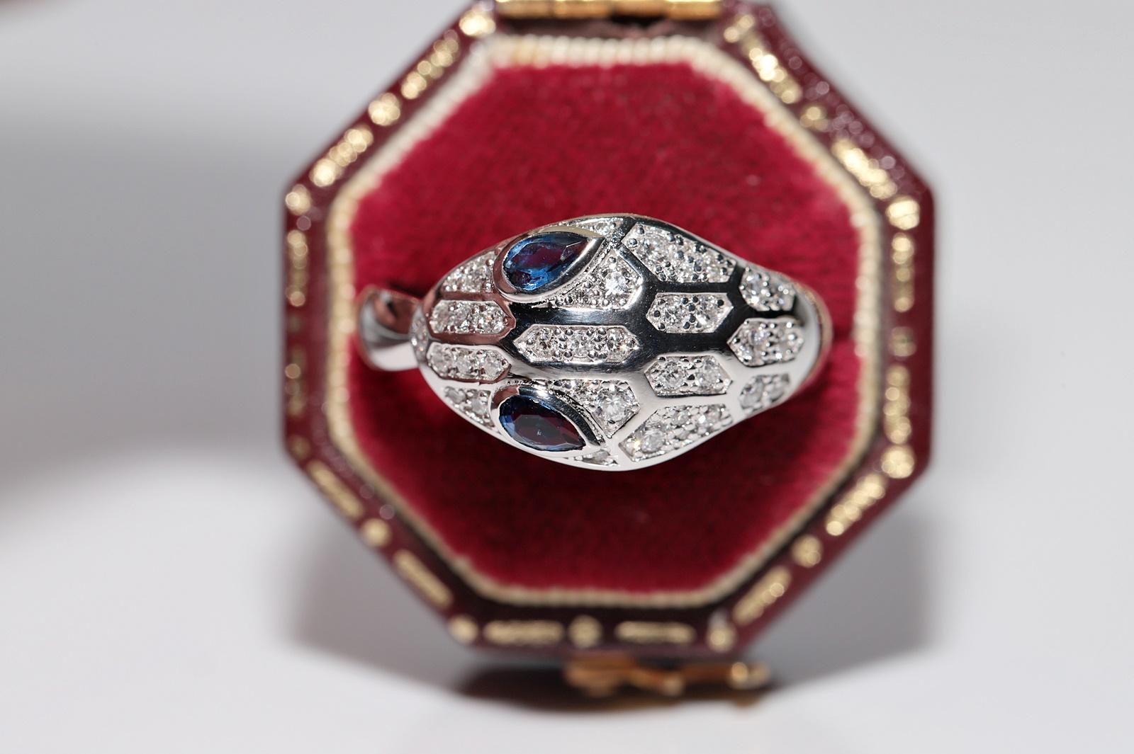 In very good condition.
Total weight is 6.2 grams.
Totally is diamond 0.60 ct.
The diamond is has F-G color and vvs-vs clarity.
Totally is sapphire 0.20 ct.
Ring size is US 7.75
We can make any size.
Box is not included.
Please contact for any